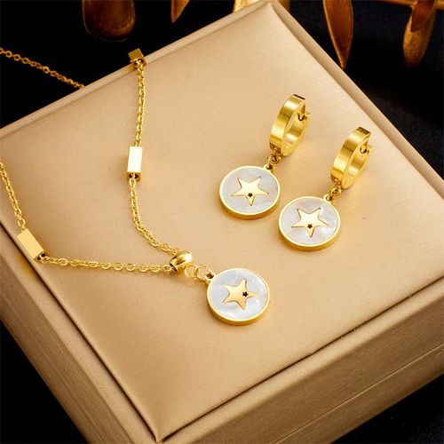 Xiyanike Sion L-Collier Et Boucle D'oreille En Acier Inoxydable Pour Femme, Pendentif Rond Étoile, Accessoires Exquis, Bijoux Cadeau De Noël