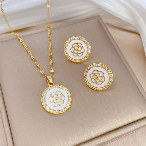 Xiyanike-Ensemble De Bijoux En Acier Inoxydable Sion L Pour Femme, Fleur Blanche, Boucles D'oreilles Rondes, Collier, Accessoires Vintage, Cadeau De Mariage