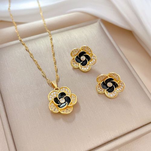 Xiyanike-Ensemble De Bijoux En Acier Inoxydable Sion L Pour Femme, Doré, Noir, Camélia, Boucle D'oreille, Collier, Accessoire Tendance, Cadeau De Fête, Nouveau
