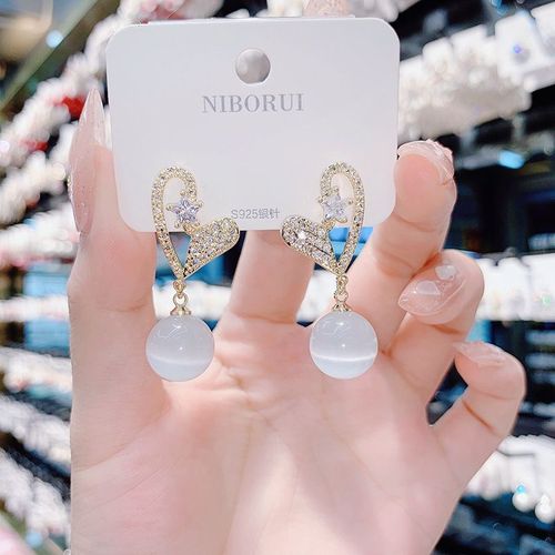Mode Exquise Creux Amour Coeur Opale Pendentif Boucles D'oreilles Petit Diamant Pêche Coeur Boucles D'oreilles Bijoux De Fête Accessoires Pour Femmes Cadeaux D'anniversaire