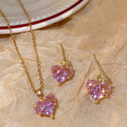 Boucles D'oreilles Et Collier En Argent S925 Pour Femme, Ensemble De Bijoux En Cristal Rose Love, Style Sweet Ins, Cadeau Du Jour De Léon Pour Petite Amie