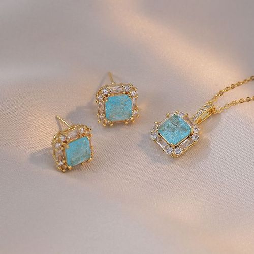 Boucles D'oreilles Géométriques En Clip Bleu Et Tourmaline Pour Femme, Collier De Luxe Exquis, Accessoires D'été, Ensemble De Bijoux Cadeaux, 3 Pièces/Ensemble