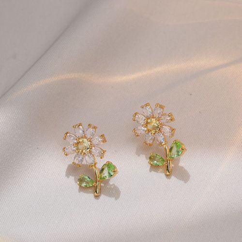Petites Boucles D'oreilles Tournesol En Cristal Pour Femmes, Goujon De Fleur De Cuir Chevelu Vert, Accessoires Décontractés D'été, Cadeau De Bijoux De Banquet De Fête
