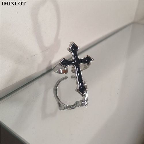 Bague Ouverte Grande Croix Noire Vintage Pour Hommes Et Femmes, Bijoux De Fête, Bague En Métal Chimgothic, Document, 1 Pièce