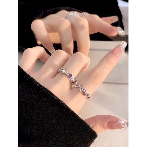 Bagues De Couple Ouvertes En Biscuits Violet Brillant Pour Femmes Et Hommes, Bague Réglable Étoile En Cristal Vintage, Bijoux D'amoureux, Mode, Y2k, 2 Pièces