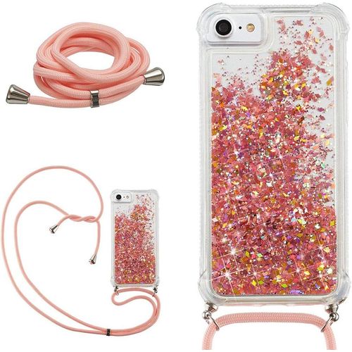 Liquide Paillette Coque Pour Iphone 6/6s/7/8/Se 2020 Avec Collier Cordon, Brillant Flottant Sable Mouvant Transparent Silicone Housse De Protection Antichoc Tpu Étui De Téléphone, Rose