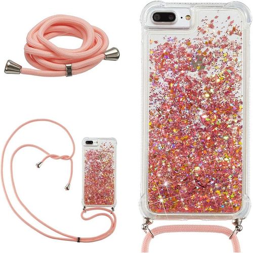 Liquide Paillette Coque Iphone 6 Plus/6s Plus/7 Plus/8 Plus Avec Collier Cordon, Brillant Flottant Sable Mouvant Transparent Silicone Housse De Protection Antichoc Tpu Étui De Téléphone, Rose