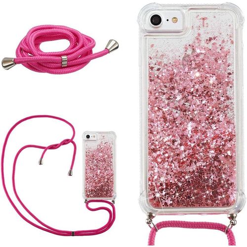 Liquide Paillette Coque Pour Iphone 6/6s/7/8/Se 2020 Avec Collier Cordon, Brillant Flottant Sable Mouvant Transparent Silicone Housse De Protection Antichoc Tpu Étui De Téléphone, Or Rose