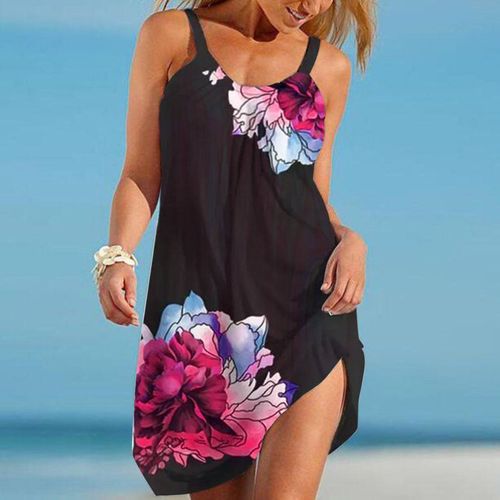 Robe D'été Ample Sans Manches Pour Femmes, Tenue Élastique, Col Ras Du Cou, Imprimé Floral, Longue Jupe Pour Filles, Plage, Eig88