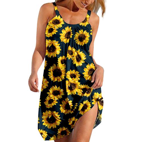 Robe D'été Ample Sans Manches Pour Femmes, Tenue Élastique, Col Ras Du Cou, Imprimé Floral, Longue Jupe Pour Filles, Plage, Eig88