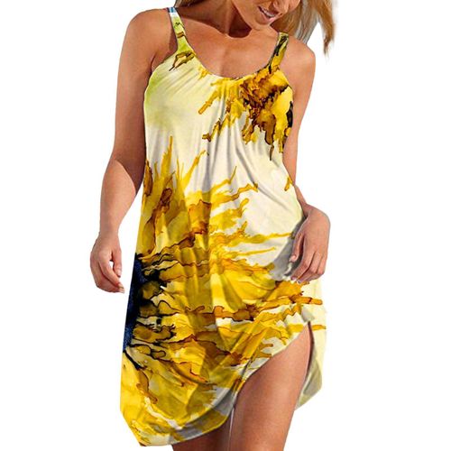 Robe D'été Ample Sans Manches Pour Femmes, Tenue Élastique, Col Ras Du Cou, Imprimé Floral, Longue Jupe Pour Filles, Plage, Eig88