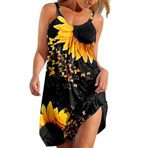 Robe D'été Ample Sans Manches Pour Femmes, Tenue Élastique, Col Ras Du Cou, Imprimé Floral, Longue Jupe Pour Filles, Plage, Eig88