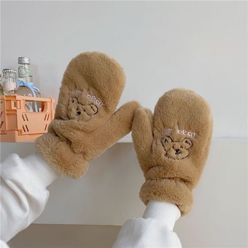 Gants En Peluche Doux Brodés Ours Mignon Pour Femmes, Hiver Chaud Et Épais En Laine Sans Doigts Pour Filles, Gants D'extérieur Résistants Au Froid, Cadeaux
