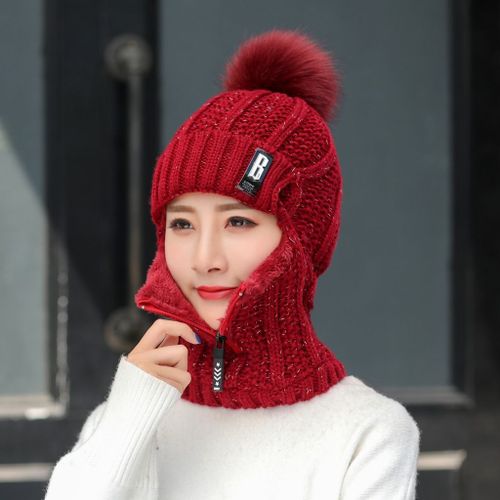 Chapeaux Tricotés En Molleton De Corail Pour Femmes, Accessoires Chauds D'hiver Avec Écharpe À Fermeture Éclair Pour Garder Le Visage Au Chaud, Cagoule À Pompons