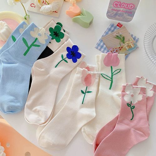 Chaussettes Japonaises Coréennes Tulipes 3d Pour Femmes, Chaussettes À Fleurs De Dessin Animé, Harajuku Kawaii, Respirantes, Décontractées, Printemps Automne, Nouvelle Collection