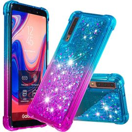 Coque Pour Samsung Galaxy A7 2018/A750,Case Housse Coque Paillette Liquide Glitter Bling Transparente Silicone Bumper Cover Doux Clair Antichoc Etui Pour Galaxy A7 2018/A750-Bleu Et Violet