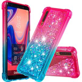 Coque Pour Samsung Galaxy A7 2018/A750,Case Housse Coque Paillette Liquide Glitter Bling Transparente Silicone Bumper Cover Doux Clair Antichoc Etui Pour Galaxy A7 2018/A750-Rose Et Bleu