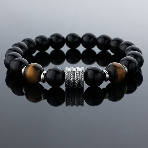 Bracelet Perlé En Obsidienne D'oeil De Tigre Exquis Pour Hommes, Acier Inoxydable, Bijoux D'affaires Simples, Cadeau De Fête Des Pères, Vente En Gros