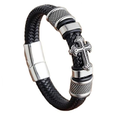 Bracelet En Cuir Et Soie Pour Hommes, Classique, Noir, Vintage, Délicat, Tissé À La Main, Métal, Boucle Magnétique, Manchette, Bijoux D'affaires, Cadeau