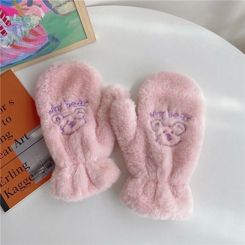 Gants En Peluche Doux Brodés Ours Mignon Pour Femmes, Hiver Chaud Et Épais En Laine Sans Doigts Pour Filles, Gants D'extérieur Résistants Au Froid, Cadeaux