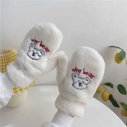 Gants En Peluche Doux Brodés Ours Mignon Pour Femmes, Hiver Chaud Et Épais En Laine Sans Doigts Pour Filles, Gants D'extérieur Résistants Au Froid, Cadeaux
