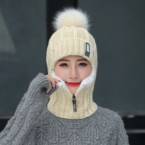 Chapeaux Tricotés En Molleton De Corail Pour Femmes, Accessoires Chauds D'hiver Avec Écharpe À Fermeture Éclair Pour Garder Le Visage Au Chaud, Cagoule À Pompons