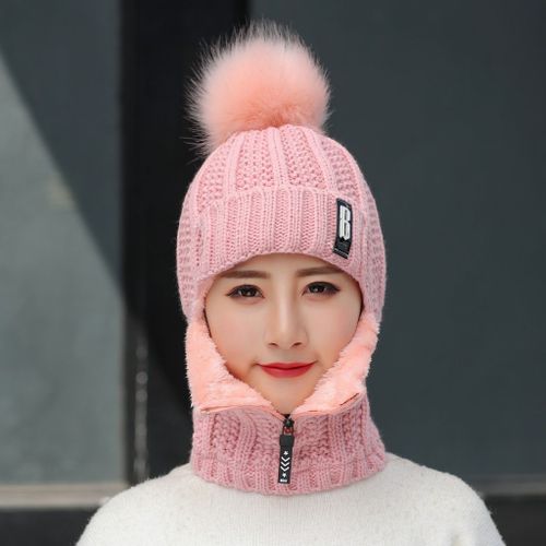 Chapeaux Tricotés En Molleton De Corail Pour Femmes, Accessoires Chauds D'hiver Avec Écharpe À Fermeture Éclair Pour Garder Le Visage Au Chaud, Cagoule À Pompons