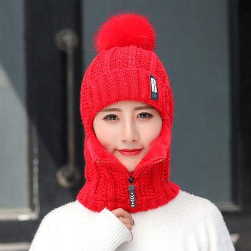 Chapeaux Tricotés En Molleton De Corail Pour Femmes, Accessoires Chauds D'hiver Avec Écharpe À Fermeture Éclair Pour Garder Le Visage Au Chaud, Cagoule À Pompons