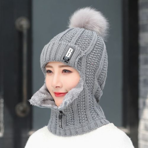 Chapeaux Tricotés En Molleton De Corail Pour Femmes, Accessoires Chauds D'hiver Avec Écharpe À Fermeture Éclair Pour Garder Le Visage Au Chaud, Cagoule À Pompons