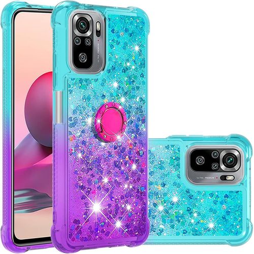 Coque Pour Xiaomi Redmi Note 10 4g/Xiaomi Redmi Note 10s Housse Case Coque Liquide Paillette Transparente Silicone Tpu Bumper Glitter Clair Etui Avec Bague Anneau Ring Support-Bleu Et Violet