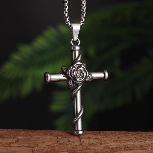 Collier Pendentif Croix Épine Rose En Acier Inoxydable Pour Hommes Et Femmes, Amulettes Chrétiennes Religieuses, Bijoux De Prière