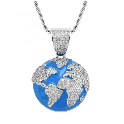 Collier Avec Pendentif En Zircon Bleu Terre Pour Homme, Bijou Tendance, Micro-Incrusté, Hip-Hop