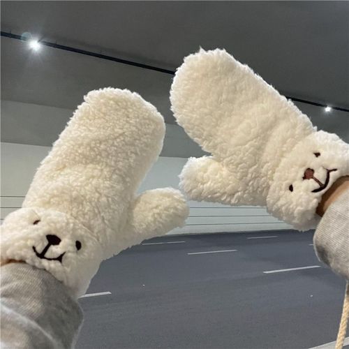 Gants Imitation Laine D'agneau Pour Femme, Nouveau, Hiver, En Peluche, Ours Doux, Mitaines Pour Les Doigts, Épais Et Chauds