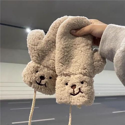 Gants Imitation Laine D'agneau Pour Femme, Nouveau, Hiver, En Peluche, Ours Doux, Mitaines Pour Les Doigts, Épais Et Chauds