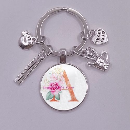 Charme Porte-Stylo Cadeau De La Fête Des Enseignants Continent Chaîne, Convexe Fleur Verre Rond A-Z Pendentif Continent Chaîne Merci Professeur Pour La Lumière