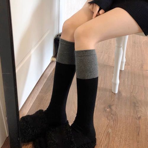 Bas Longs 100% Coton Pour Femmes, Chaussettes Noires Et Grises, Épissures, Chaud, Cuisse Haute, Dames, Filles, Rue, Mode Jeune, Décontracté, Genou