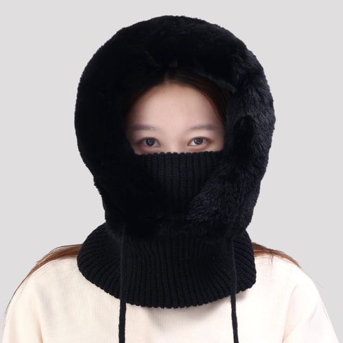 Chapeau De Ski En Peluche Tricoté Pour Femme, Cache-Visage Complet, Écharpe, Cyclisme En Plein Air, Cagoule Chaude Et Épaisse, Couvre-Cou, À Pompon