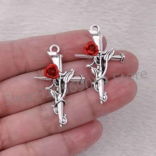 Pendentif Punk Gothique Avec Clou À Travers Le C¿Ur, Croix Rose, Breloque Bricolage, Collier Punk, Artisanat De Bijoux, Accessoires En Métal, 10 Pièces