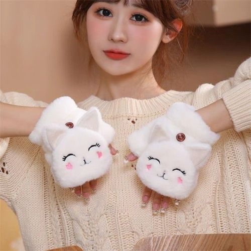 Mitaines Tricotées En Fourrure De Lapin Pour Femmes Et Filles, Gants Sans Doigts En Peluche, Gants Optiques Doux Et Chauds, Demi-Doigt Rabattable, Conduite, Hiver, Mignon