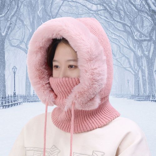 Chapeau De Ski En Peluche Tricoté Pour Femme, Cache-Visage Complet, Écharpe, Cyclisme En Plein Air, Cagoule Chaude Et Épaisse, Couvre-Cou, À Pompon
