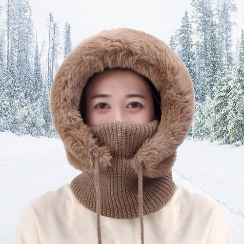 Chapeau De Ski En Peluche Tricoté Pour Femme, Cache-Visage Complet, Écharpe, Cyclisme En Plein Air, Cagoule Chaude Et Épaisse, Couvre-Cou, À Pompon