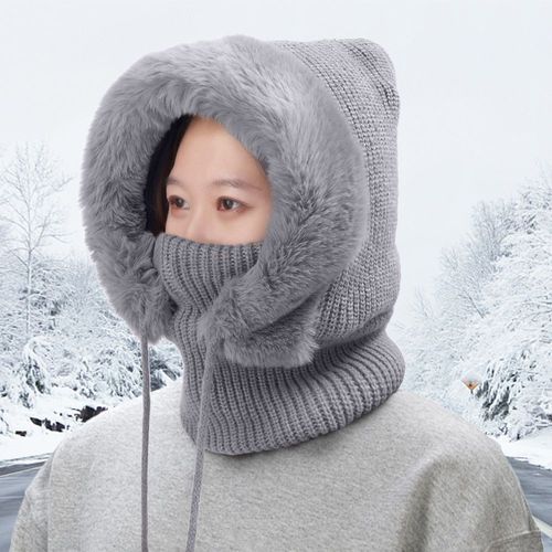 Chapeau De Ski En Peluche Tricoté Pour Femme, Cache-Visage Complet, Écharpe, Cyclisme En Plein Air, Cagoule Chaude Et Épaisse, Couvre-Cou, À Pompon