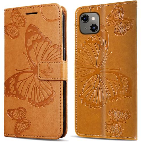 Coque Pour Iphone 13 Mini, Papillon Imprimé Housse En Cuir Pu Magnétique Portefeuille, Étui À Rabat Pour Iphone 13 Mini, Jaune