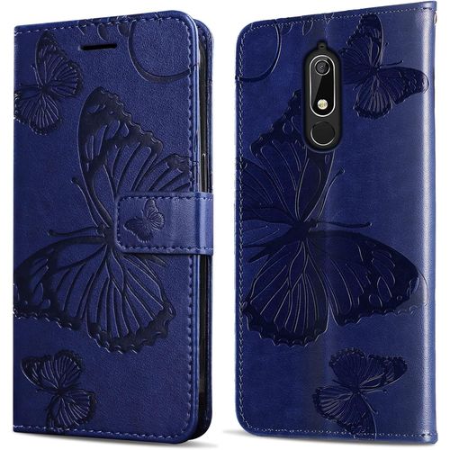 Coque Pour Nokia 5.1, Papillon Imprimé Housse En Cuir Pu Magnétique Portefeuille, Étui À Rabat Pour Nokia 5.1, Bleu