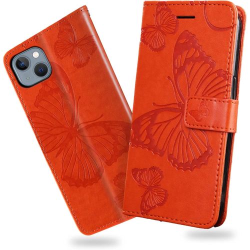 Coque Pour Iphone 13, Papillon Imprimé Housse En Cuir Pu Magnétique Portefeuille, Étui À Rabat Pour Iphone 13, Orange