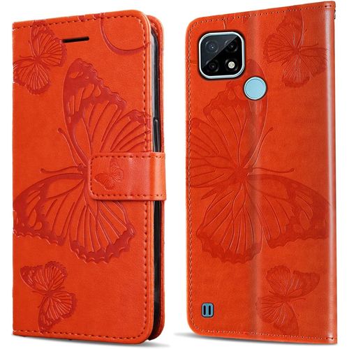Coque Pour Oppo Realme C20 / Realme C21, Papillon Imprimé Housse En Cuir Pu Magnétique Portefeuille, Étui À Rabat Pour Oppo Realme C20 / Realme C21, Orange