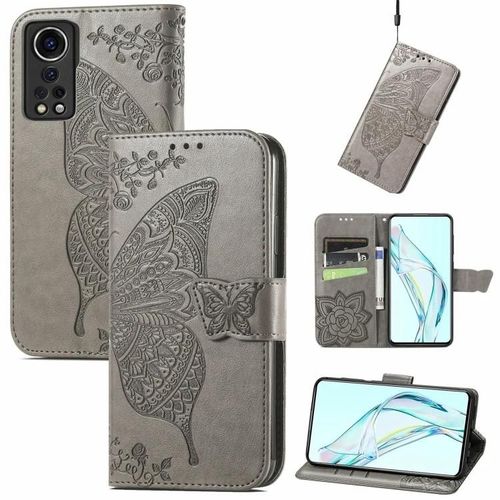 Étui En Cuir Zte Axon 30 5g-Papillon Love Flower,Portefeuilles Et Emplacements Pour Cartes,Gris Gris