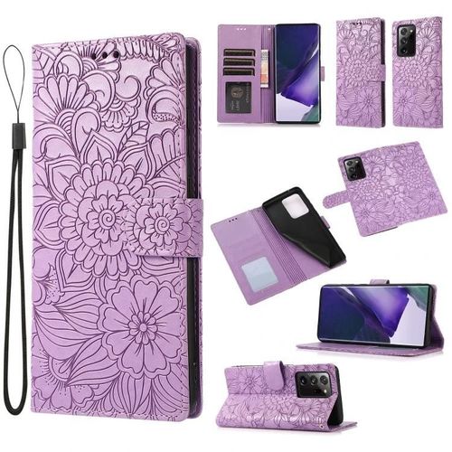 Étui En Cuir Samsung Galaxy Note20 Ultra-Tournesol En Relief,Portefeuille Et Cordon,Violet Violet