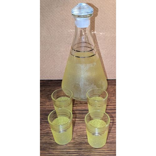 Carafe Jaune + 4 Verres À Digestif Vintage