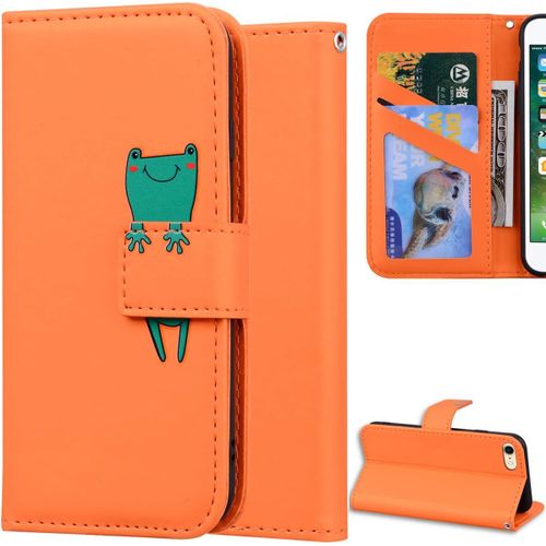 Coque Pour Iphone Se/Iphone 8/Iphone 7, Dessin Animé Animal Modèle Magnétique Flip Wallet Protection Cover Housse Étui Case Pu Cuir Supporter Avec Carte De Crédit Fentes-Orange Grenouille